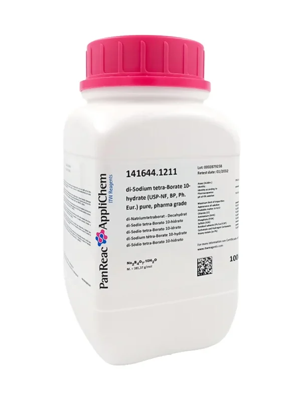 di-Sodio tetra-Borato 10-hidrato (USP-NF, BP, Ph. Eur.) puro, grado farma. Envase de 1 Kg. CAS 1303-96-4. CODIGO DE COMPRA: PANR141644.1211