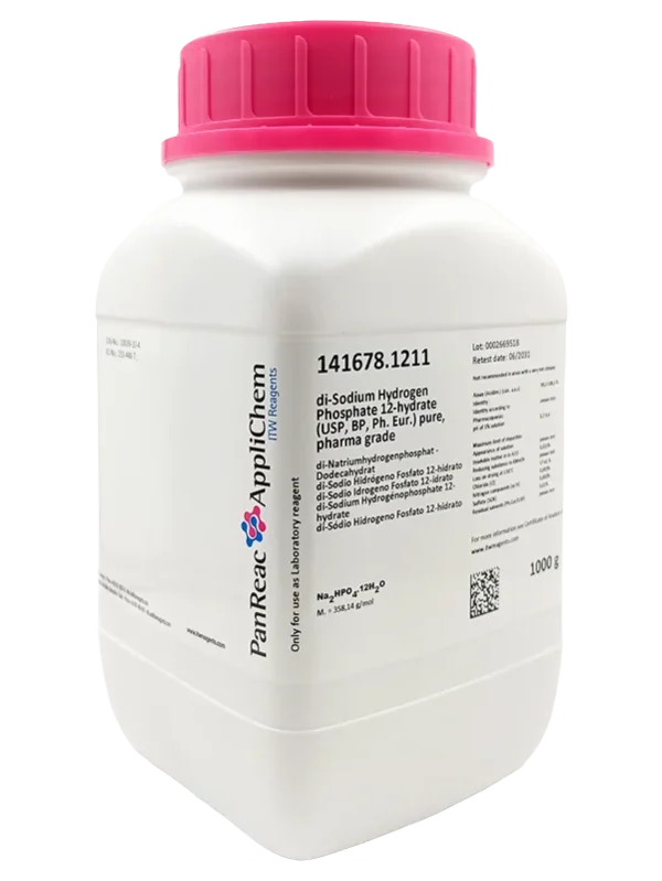 di-Sodio Hidrógeno Fosfato 12-hidrato para análisis, ISO . Envase de plástico de 1 Kg. CAS 10039-32-4 . CODIGO DE COMPRA: PANR141678.1211