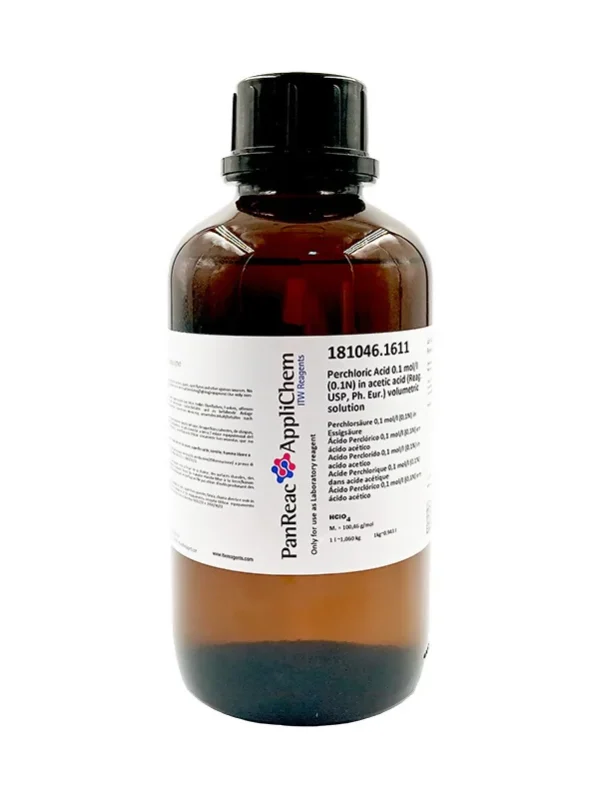 Ácido Perclórico 0,1 mol/l (0,1N) en ácido acético (Reag. USP, Ph. Eur.). Envase de vidrio 1 Lt. CODIGO DE COMPRA: PANR181046.1611
