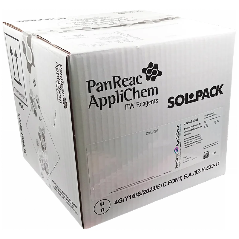 Sodio Hidróxido 0,1 mol/l (0,1N) (Reag. USP, Ph. Eur.). Trazable a NIST. Solución lista para usar. Envase SOLPACK de 10 Lt. CAS 1310-73-2 . CODIGO DE COMPRA: PANR181693.1315