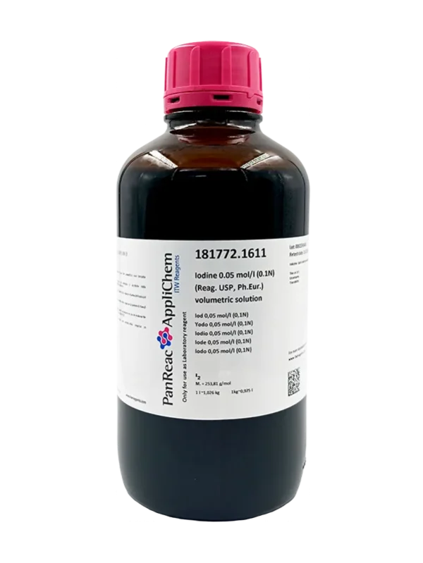 Yodo 0,05 mol/l (0,1N) (Reag. USP, Ph.Eur.) solución valorada. Envase de vidrio de 1 Lt. CAS 7553-56-2 . CODIGO DE COMPRA: PANR181772.1611