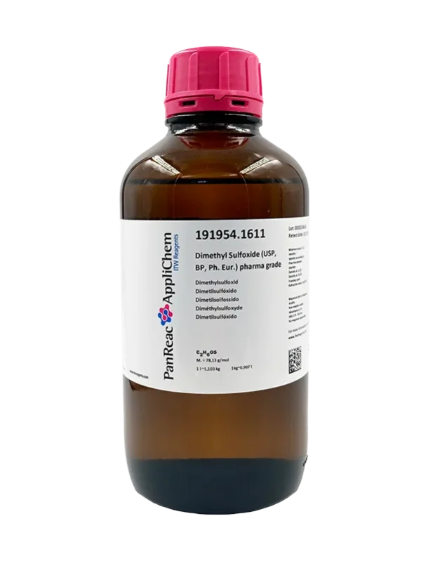 Dimetilsulfóxido (USP, BP, Ph. Eur.) grado farma. CAS 67-68-5 . Envase de un litro. CODIGO DE COMPRA: PANR191954.1611