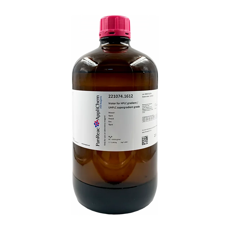 Agua para grado HPLC gradiente / UHPLC supergradiente. Envase de vidrio ámbar de 2,5 Lt. CAS 7732-18-5 . CODIGO DE COMPRA: PANR221074.1612