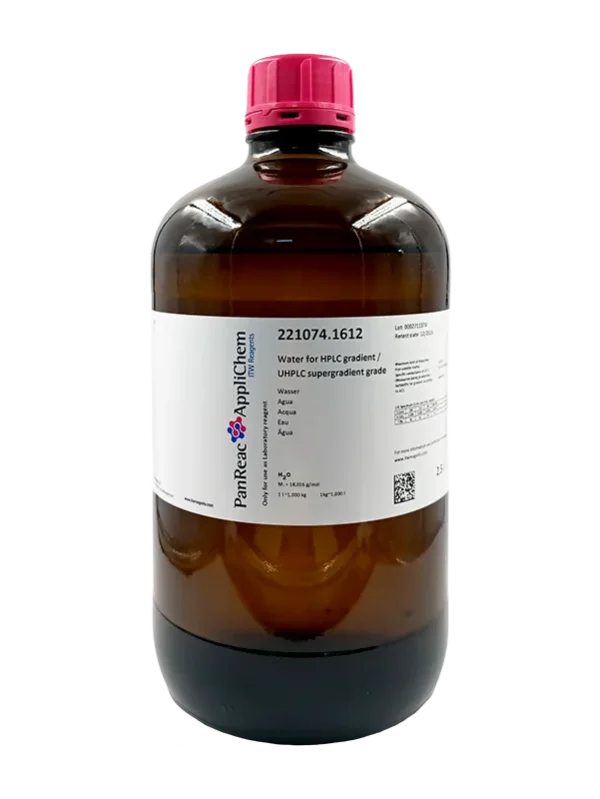 Agua para grado HPLC gradiente / UHPLC supergradiente. Envase de vidrio ámbar de 2,5 Lt. CAS 7732-18-5 . CODIGO DE COMPRA: PANR221074.1612