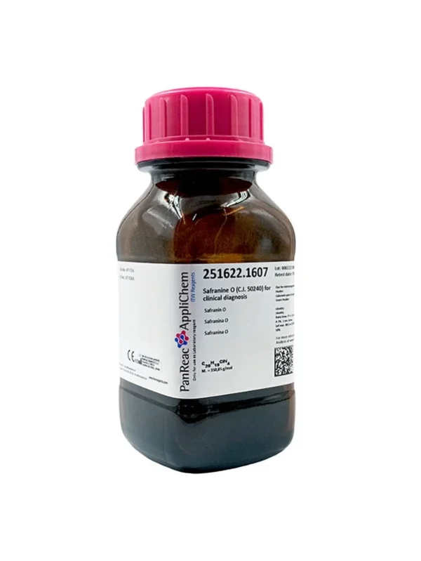 Safranina O (CE-IVD) (C.I. 50240) para microscopía, para diagnóstico clínico. CAS 477-73-6 . Frasco de vidrio ámbar de 50 gr. CODIGO DE COMPRA: PANR251622.1607