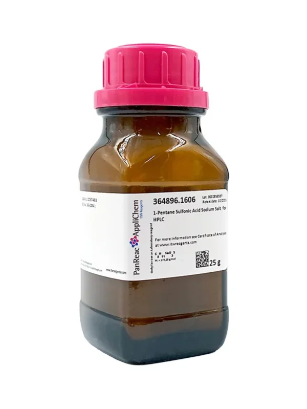 Ácido 1-Pentano Sulfónico Sal Sódica para HPLC. CAS 22767-49-3 . Frasco de vidrio ámbar de 25 gr. CODIGO DE COMPRA: PANR364896.1606