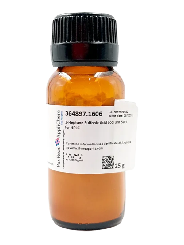 Ácido 1-Heptano Sulfónico Sal Sódica para HPLC. CAS 22767-50-6 . Envase vidrio ámbar de 25 gr. CODIGO DE COMPRA: PANR364897.1606