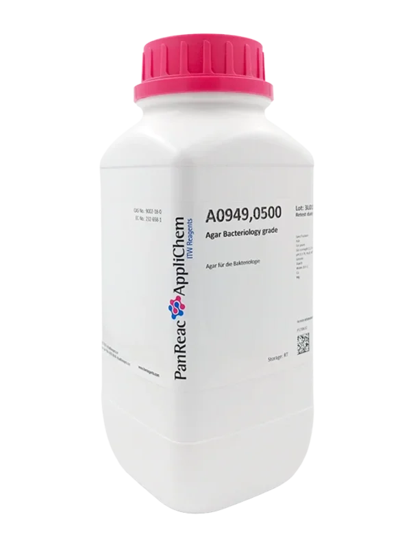 Agar para microbiología, cultivo de plantas, bacteriología. Envase plástico de 500 gr. CAS 9002-18-0. CODIGO DE COMPRA APPLA0949.0500