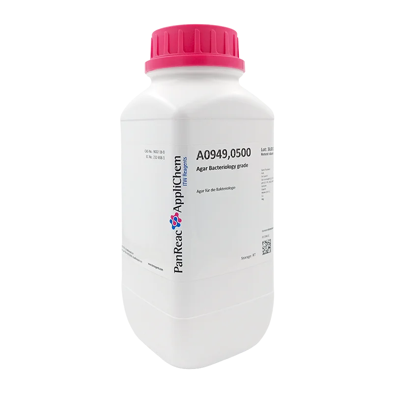 Agar para microbiología, cultivo de plantas, bacteriología. Envase plástico de 500 gr. CAS 9002-18-0. CODIGO DE COMPRA APPLA0949.0500