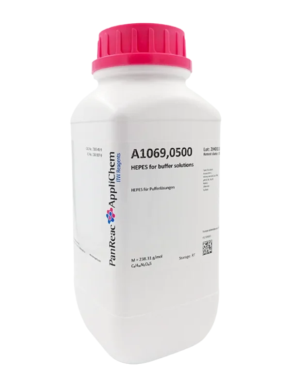 HEPES para soluciones tampón. CAS 7365-45-9. Envase plástico de 500 gr. CODIGO DE COMPRA: APPLA1069.0500