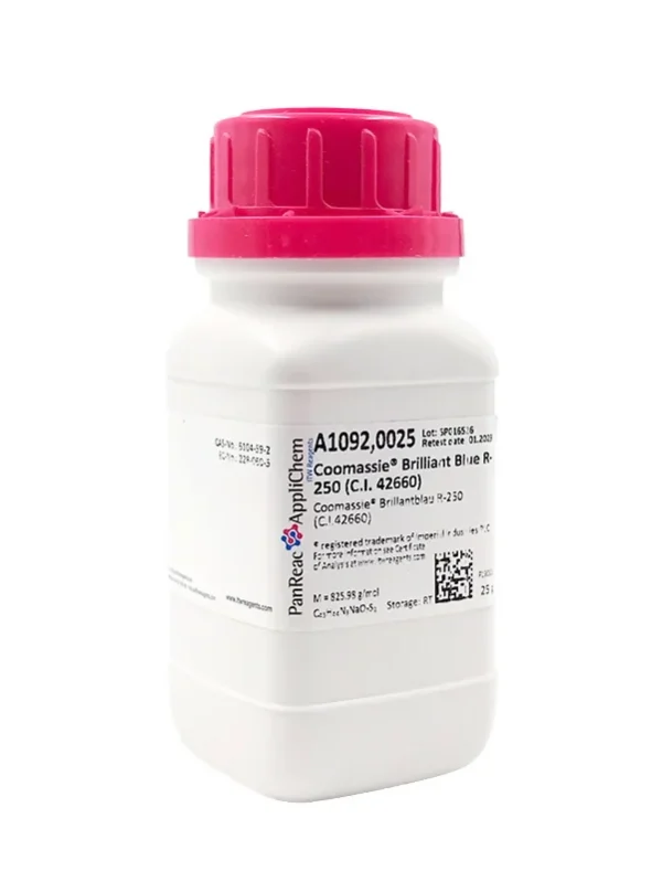 Azul Brillante Coomassie® R 250 (C.I. 42655). CAS 6104-59-2. Envase de 25 gr. CODIGO DE COMPRA: APPLA1092.0025