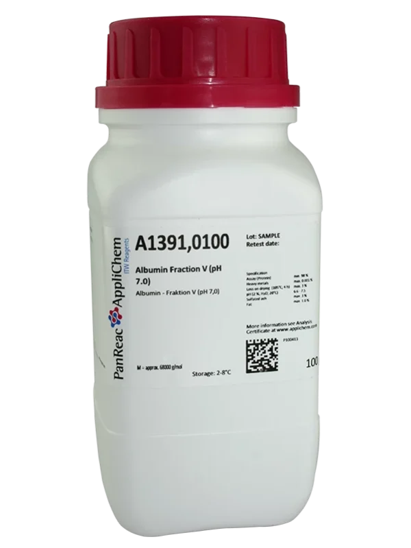 Albúminas (BSA) Fracción V (pH 7,0) CAS [9048-46-8] envase plástico de 100 gr. Producto de rápida disolución. CODIGO DE COMPRA APPLA1391.0100