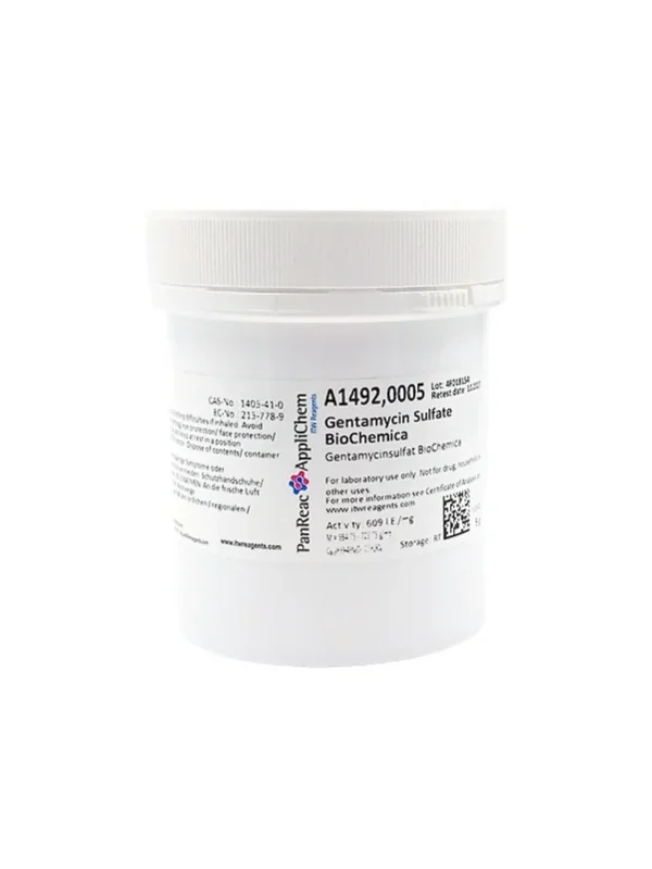 Gentamicina sulfato BioChemica. Envase de 5 g. CAS 1405-41-0 . CODIGO DE COMPRA: APPLA1492.0005