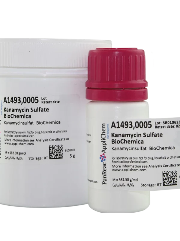 Kanamicina Sulfato BioChemica. CAS 5965-95-7 . Envase de plástico de 5 gr. CODIGO DE COMPRA: APPLA A1493.0005