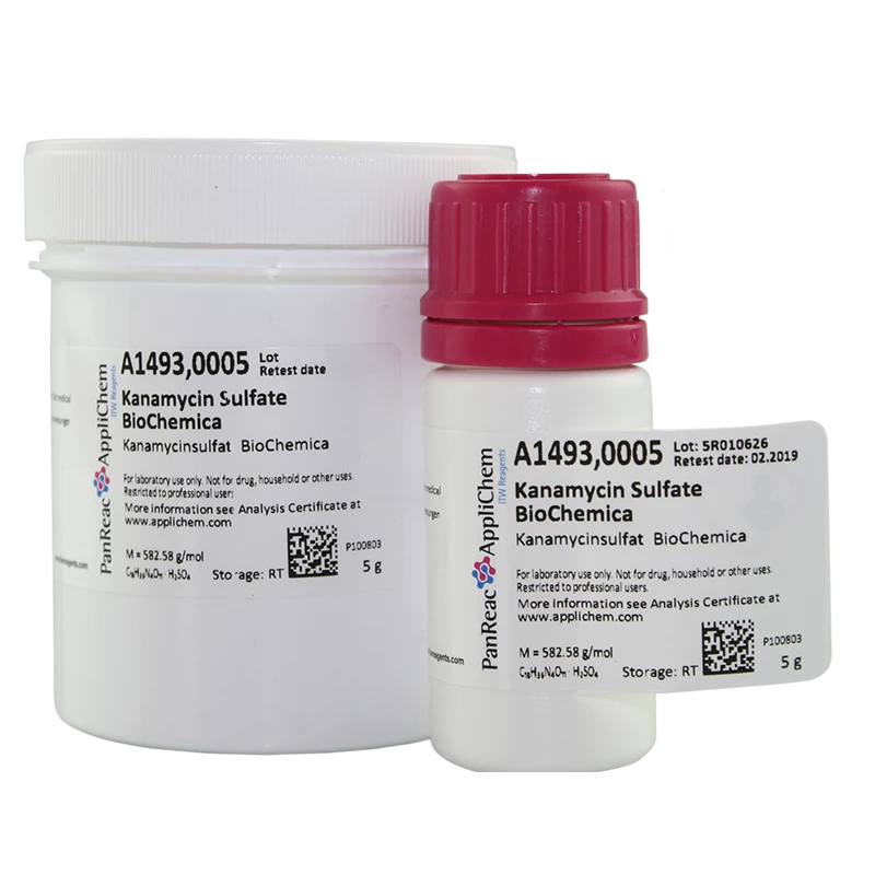 Kanamicina Sulfato BioChemica. CAS 5965-95-7 . Envase de plástico de 5 gr. CODIGO DE COMPRA: APPLA A1493.0005
