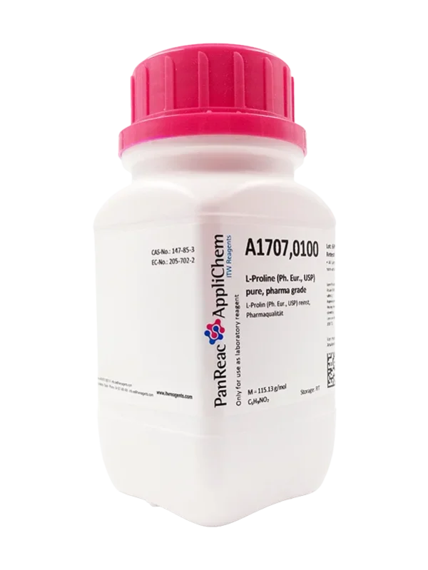 L-Prolina (Ph. Eur., USP) puro, grado farma. CAS 147-85-3. Envase plástico de 100 gr. CODIGO DE COMPRA: APPLA1707.0100