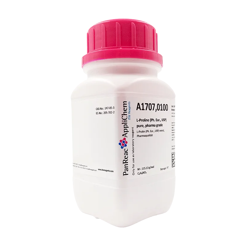L-Prolina (Ph. Eur., USP) puro, grado farma. CAS 147-85-3. Envase plástico de 100 gr. CODIGO DE COMPRA: APPLA1707.0100