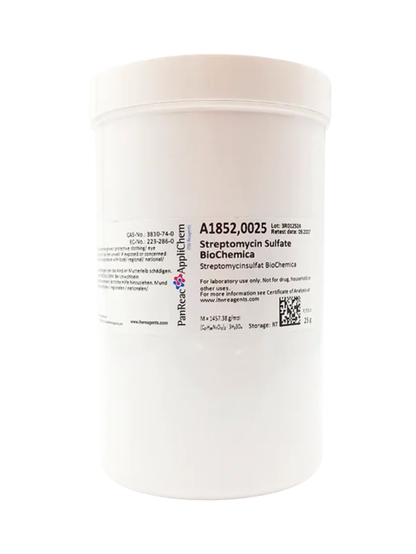 Estreptomicina Sulfato BioChemica. CAS 3810-74-0. Envase plástico de 25 gr. CODIGO DE COMPRA: APPLA1852.0025
