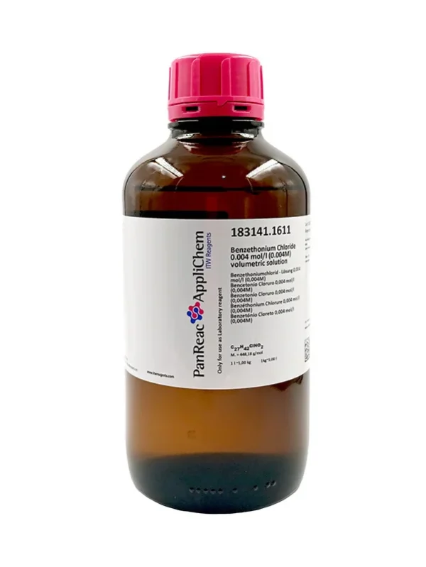 Bencetonio Cloruro 0,004 mol/l (0,004M) (Hyamine). Envase vidrio ámbar de 1 Lt. CAS 121-54-0. CODIGO DE COMPRA: PANR 183141.1611