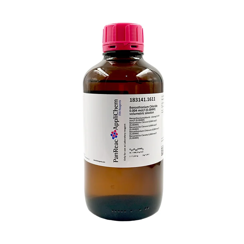 Bencetonio Cloruro 0,004 mol/l (0,004M) (Hyamine). Envase vidrio ámbar de 1 Lt. CAS 121-54-0. CODIGO DE COMPRA: PANR 183141.1611