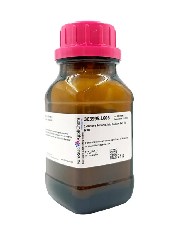 Ácido 1-Octano Sulfónico Sal Sódica para HPLC. CAS 5324-84-5. Envase de vidrio ámbar de 25 gr.  CODIGO DE COMPRA: PANR363995.1606