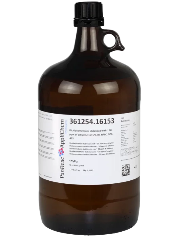 Diclorometano estabilizado con ~ 20 ppm de amileno para UV, IR, HPLC, GPC, ACS. Envase de vidrio ámbar de 4 litros. CAS 75-09-2. CODIGO DE COMPRA: PANR361254.16153