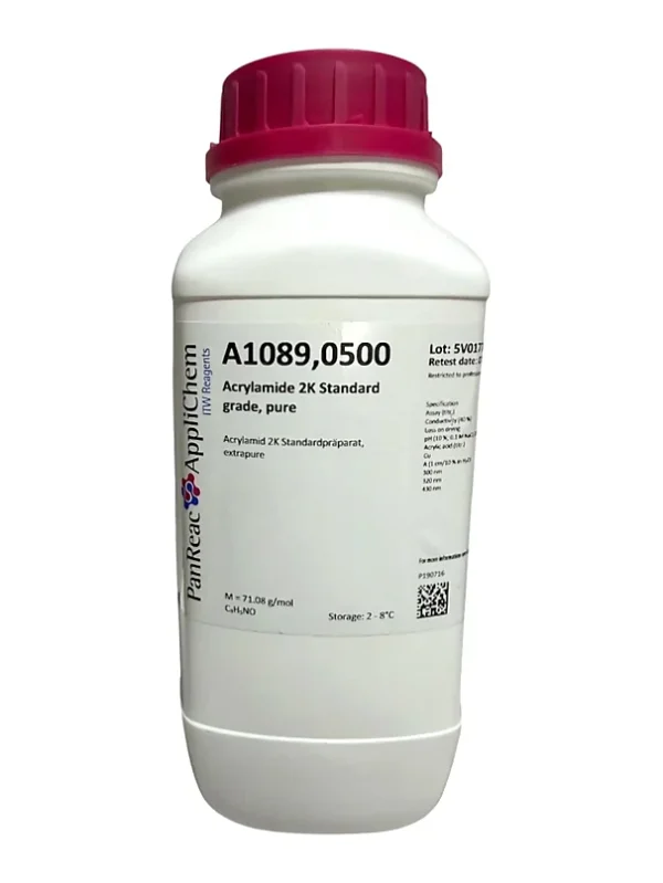 Back Acrilamida 2K Preparado estándar, extrapura. CAS 79-06-1 . Envase de plástico de 500 gr. CODIGO DE COMPRA: APPLA1089.0500