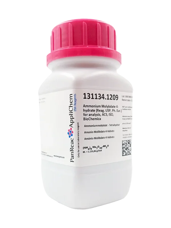Amonio Molibdato 4-hidrato (Reag. USP, Ph. Eur.) para análisis, ACS, ISO, BioChemica. CAS 12054-85-2 . Envase plástico 250 gr. CODIGO DE COMPRA: PANR131134.1209