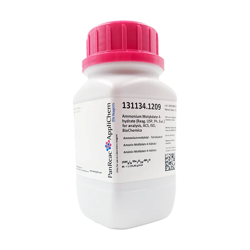 Amonio Molibdato 4-hidrato (Reag. USP, Ph. Eur.) para análisis, ACS, ISO, BioChemica. CAS 12054-85-2 . Envase plástico 250 gr. CODIGO DE COMPRA: PANR131134.1209