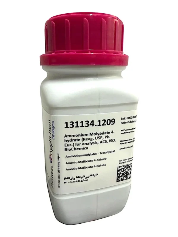Amonio Molibdato 4-hidrato (Reag. USP, Ph. Eur.) para análisis, ACS, ISO, BioChemica. CAS 12054-85-2 . Envase vidrio ámbar 250 gr. CODIGO DE COMPRA PANR131134.1209