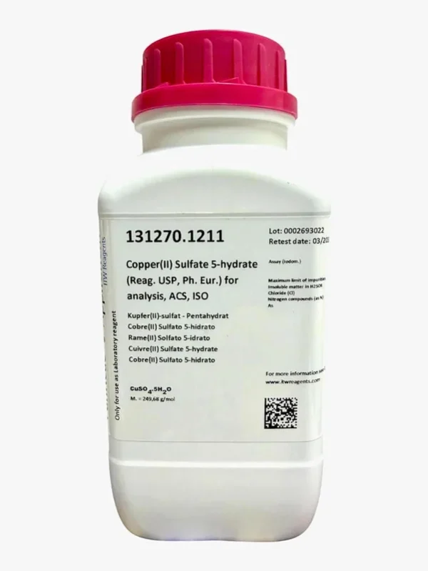 Cobre(II) Sulfato 5-hidrato (Reag. USP, Ph. Eur.) PA, ACS, ISO. CAS 7758-99-8 . Envase plástico de 1 Kg. CODIGO DE COMPRA: PANR131270.1211