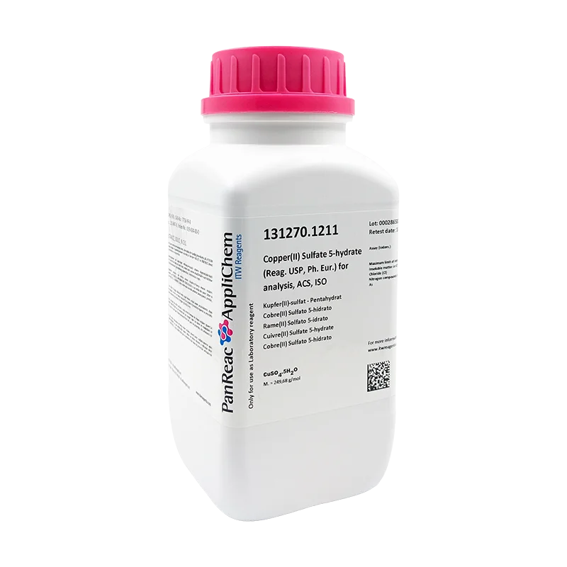Cobre(II) Sulfato 5-hidrato (Reag. USP, Ph. Eur.) PA, ACS, ISO. CAS 7758-99-8 . Envase plástico de 1 Kg. CODIGO DE COMPRA: PANR131270.1211