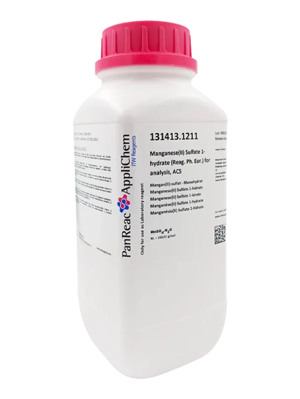 Manganeso(II) Sulfato 1-hidrato (Reag. Ph. Eur.) para análisis, ACS. CAS 10034-96-5 . Envase de 1000 gr. CODIGO DE COMPRA PANR131413.1211