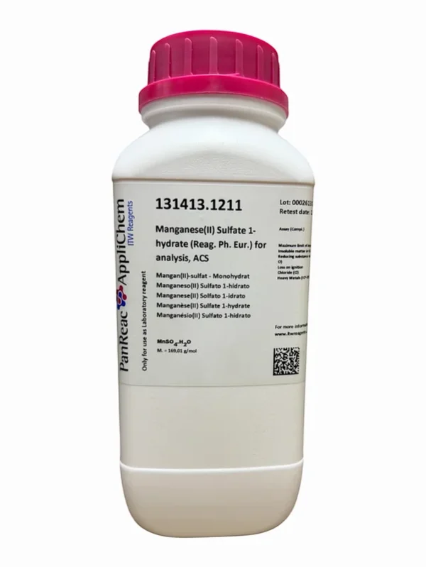 Manganeso(II) Sulfato 1-hidrato (Reag. Ph. Eur.) para análisis, ACS. CAS 10034-96-5 . Envase de 1000 gr. CODIGO DE COMPRA PANR131413.1211