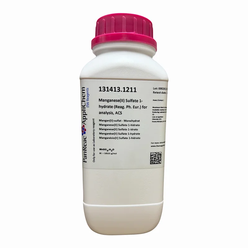 Manganeso(II) Sulfato 1-hidrato (Reag. Ph. Eur.) para análisis, ACS. CAS 10034-96-5 . Envase de 1000 gr. CODIGO DE COMPRA PANR131413.1211