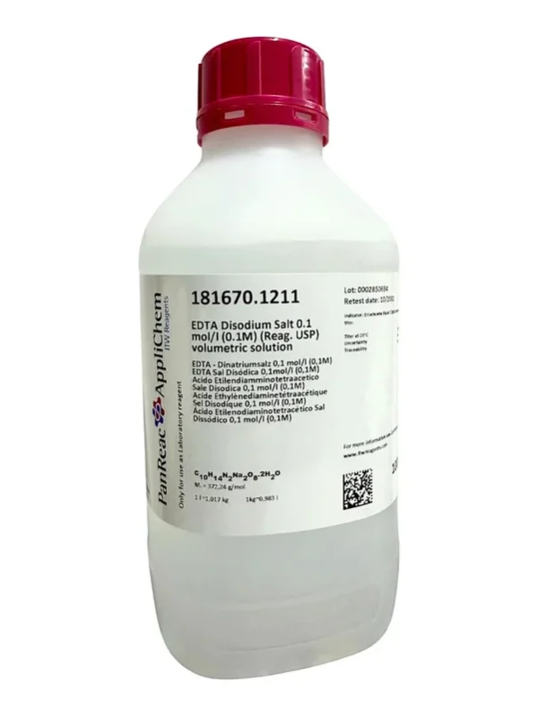 EDTA Sal Disódica 0,1mol/l (0,1M) (Reag. USP) solución valorada. CAS 6381-92-6 . Envase de 1 Lt. CODIGO DE COMPRA : PANR181670.1211