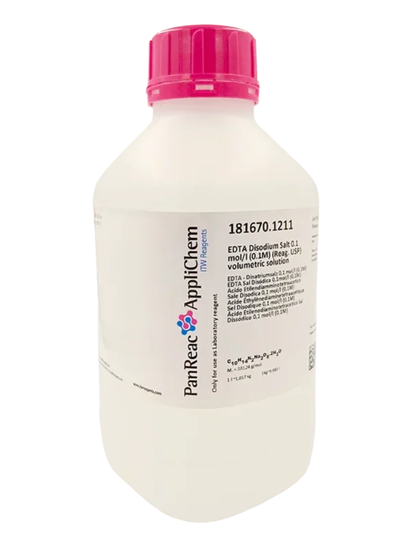 EDTA Sal Disódica 0,1mol/l (0,1M) (Reag. USP). CAS 6381-92-6. Envase de 1 Lt. CODIGO DE COMPRA : PANR181670.1211