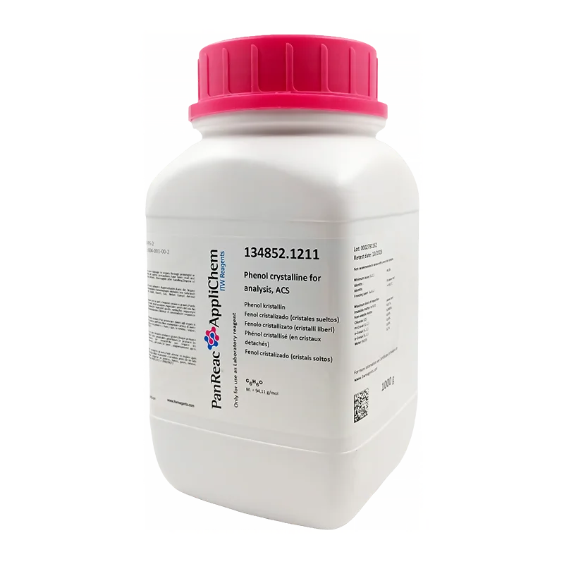 Fenol cristalino para análisis, ACS. CAS 108-95-2 . Envase plástico de 1000 gr. CODIGO DE COMPRA: PANR134852