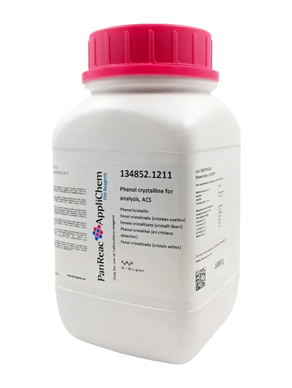 Fenol cristalino para análisis, ACS. CAS 108-95-2 . Envase plástico de 1000 gr. CODIGO DE COMPRA: PANR134852