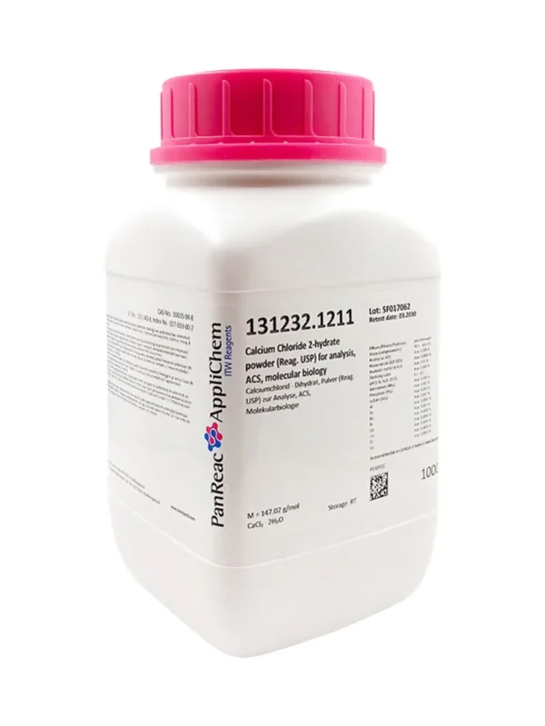 Calcio Cloruro 2-hidrato polvo (Reag. USP) para análisis, ACS, biología molecular. CAS 10035-04-8. Enavase de 1 Kg. CODIGO DE COMPRA: PANR131232.1211