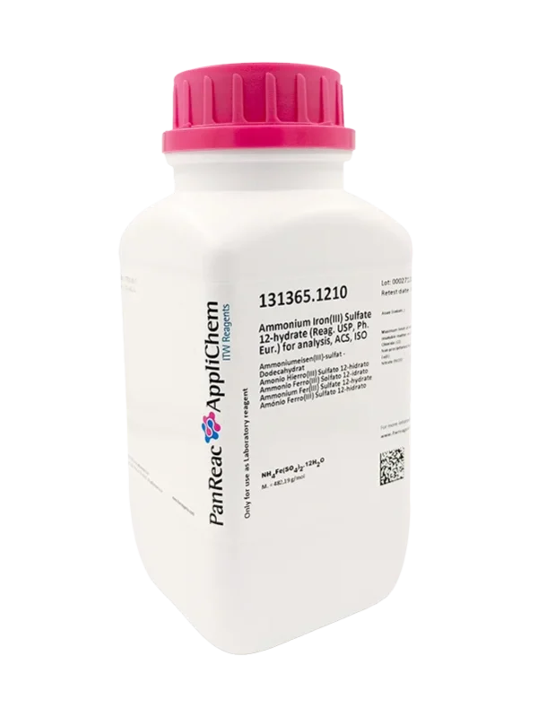 Amonio Hierro(III) Sulfato 12-hidrato (Reag. USP, Ph. Eur.) para análisis, ACS, ISO. CAS 7783-83-7. Envase 500 gr. CODIGO DE COMPRA: PANR131365.1210