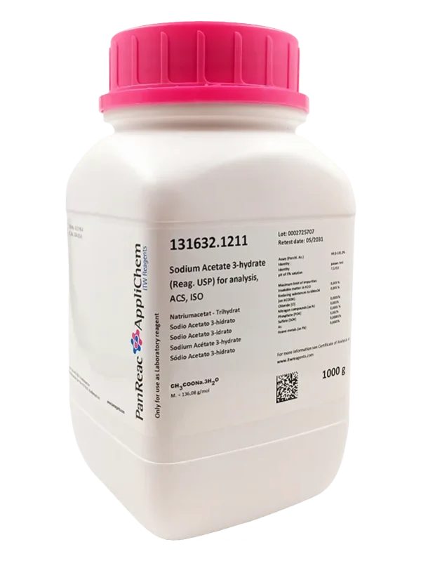 Sodio Acetato 3-hidrato (Reag. USP) para análisis, ACS, ISO. CAS 6131-90-4. Envase de 1 Kg. CODIGO DE COMPRA: PANR131632.1211