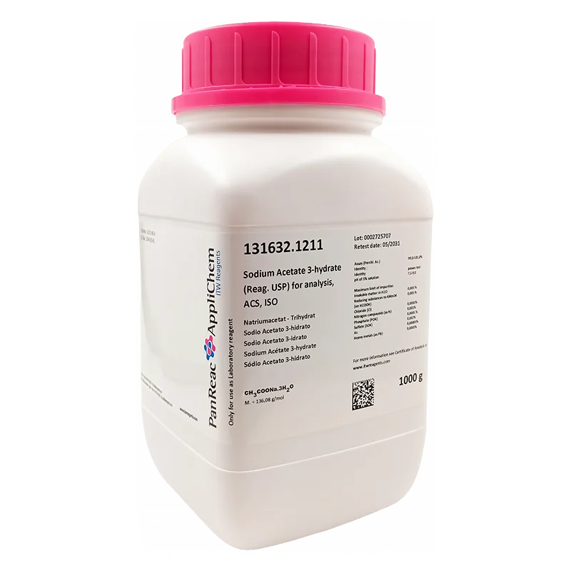 Sodio Acetato 3-hidrato (Reag. USP) para análisis, ACS, ISO. CAS 6131-90-4. Envase de 1 Kg. CODIGO DE COMPRA: PANR131632.1211