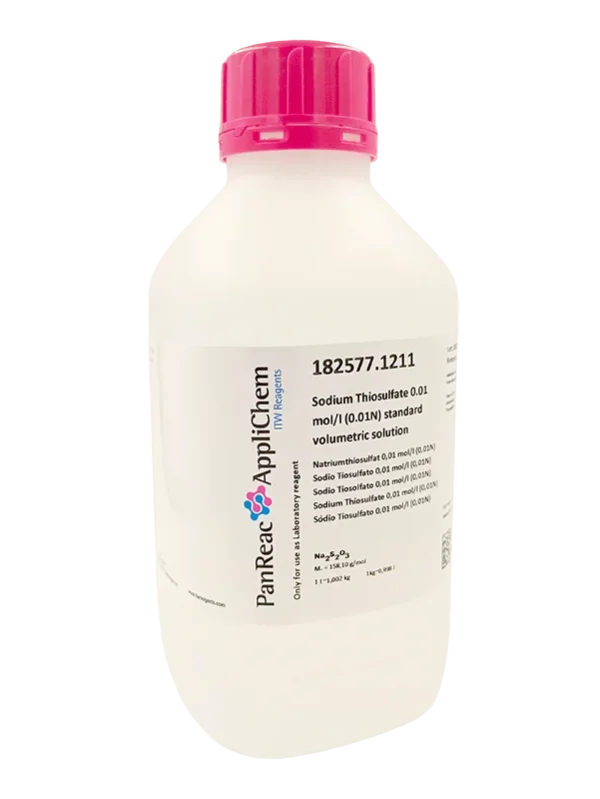 Sodio Tiosulfato 0,01 mol/l (0,01N), lista para usar. CAS 7772-98-7. Botella de 1 Lt. CODIGO DE COMPRA: PANR182577.1211